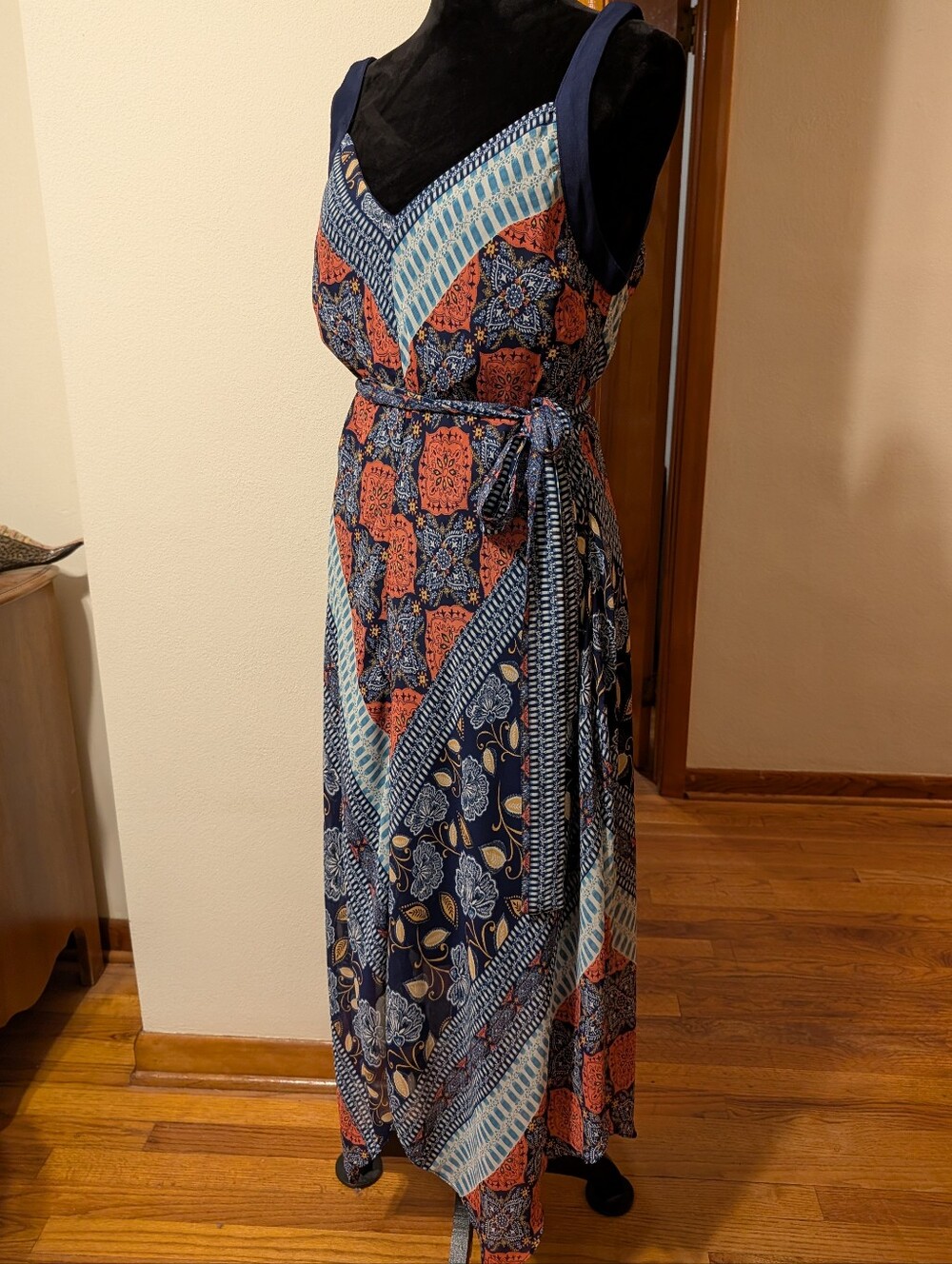 Robbie Bee Navy Coral Paisley Boho Sharkbite Pixie Hem Dress